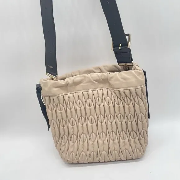 Furla Caos Quilted Leather Bucket Bag Beige Drawstring Shoulder Bag